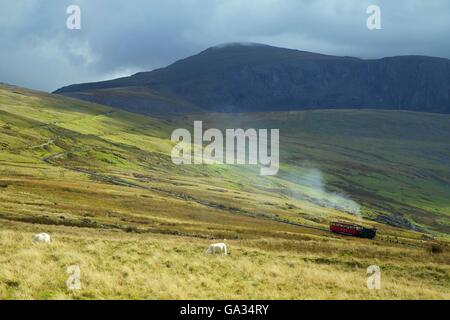 Dampfmaschine und Personenwagen auf Reise in Snowdon Mountain Railway, Snowdonia-Nationalpark, Gwynedd, Wales, UK GB Europe Stockfoto