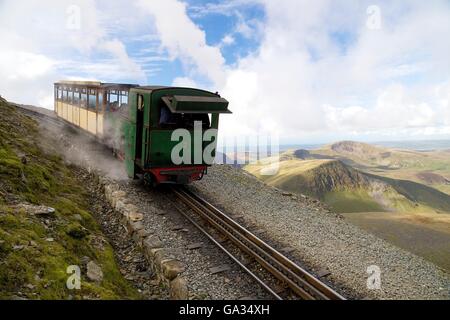 Dampfmaschine und Personenwagen auf Reise in Snowdon Mountain Railway, Snowdonia-Nationalpark, Gwynedd, Wales, UK GB Europe Stockfoto