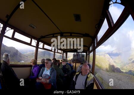 Sicht der Passagiere im Wagen und Dampfmaschine auf Fahrt auf Snowdon Mountain Railway, Snowdonia-Nationalpark, Gwynedd, Wales, UK Stockfoto