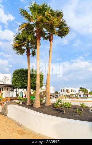 PLAYA BLANCA, LANZAROTE Insel - 11. Januar 2015: Palmen in der Marina Rubicon gebaut im traditionellen kanarischen Stil auf der Insel Lanzarote. Kanarischen Inseln sind ein beliebtes Urlaubsziel. Stockfoto