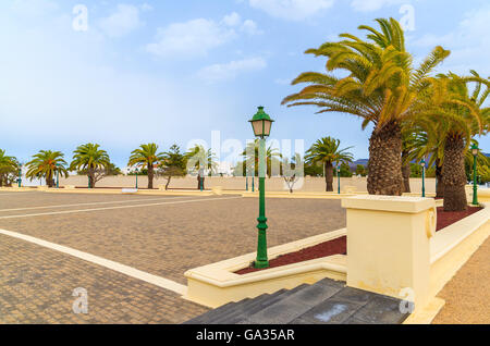 Palmen auf dem Park-Platz im Dorf Yaiza, Lanzarote, Kanarische Inseln, Spanien Stockfoto