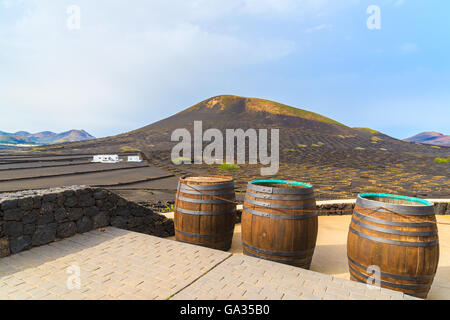 Eiche Weinfässer auf Terrasse des Weinguts in La Geria, Lanzarote, Kanarische Inseln, Spanien Stockfoto