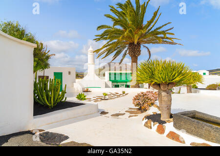Typischen kanarischen Stil Gebäude und tropischen Pflanzen, El Campesino Dorf Insel Lanzarote, Spanien Stockfoto