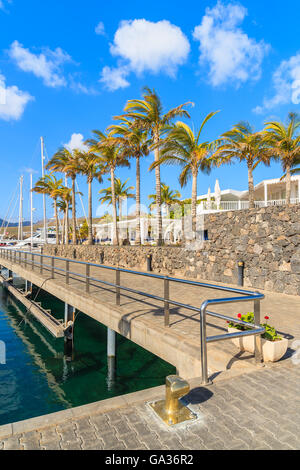 Karibischen Stil Hafen mit hohen Palmen in Puerto Calero, Insel Lanzarote, Spanien Stockfoto