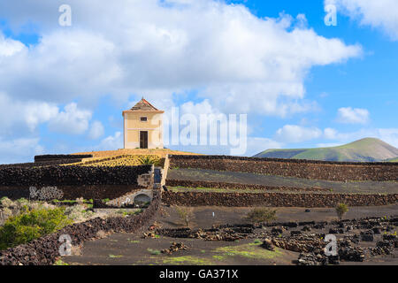 Alten Turm Gebäude im Weinberg-Landschaft von Yaiza Region, Lanzarote, Kanarische Inseln, Spanien Stockfoto