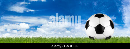 Retro schwarz weißem Leder Fußball auf dem Rasen vor blauem Himmel Stockfoto