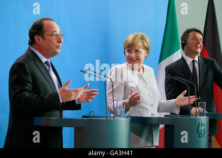 Francois Hollande, BKin Angela Merkel, Matteo Renzi - Treffen der dt. Bundeskanzlerin Mit Dem Italienischen Ministerpraesidenten Stockfoto