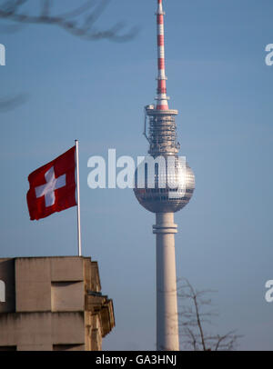 Schweizer Medien, Fernsehturm, Berlin. Stockfoto