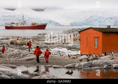 Touristen in Hütte, Antarctic Dream Schiff hinten, Lemaire-Kanal, antarktische Halbinsel, Petermann Island, Antarktis Stockfoto