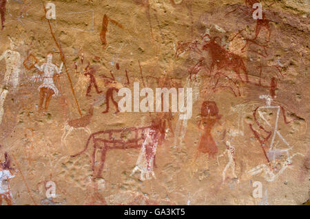 Prähistorische Felszeichnungen, Akakus, Acacus Berge oder Tadrart Acacus, Wüste Sahara, Fezzan, Libyen, Nordafrika Stockfoto