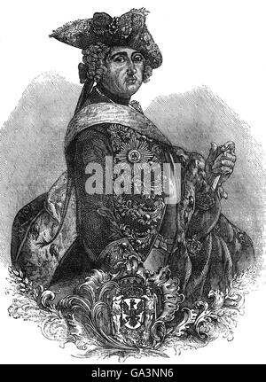 Friedrich II. (1712-1786) war König von Preußen von 1740 bis 1786.  Seine wichtigsten Errungenschaften während seiner Herrschaft gehörten seine militärischen Siege, seine Reorganisation der preußischen Armee, sein Patronat der Künste und der Aufklärung in Preußen und seinen endgültigen Erfolg gegen große Widerstände in den Siebenjährigen Krieg. Stockfoto