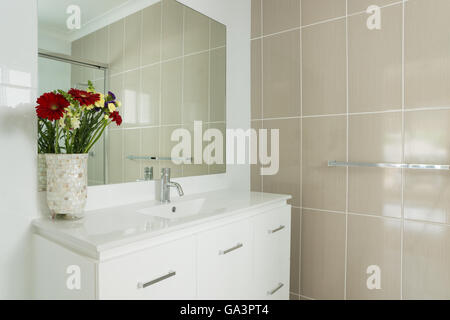 Modernes Bad mit Dusche, Arbeitsplatte Waschbecken, Waschmaschine und