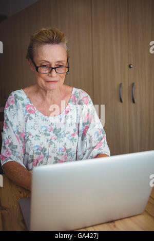 Lächelnde ältere Frau mit einem laptop Stockfoto