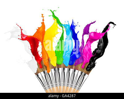 bunte Farbe spritzt Pinsel Zeile isoliert auf weißem Hintergrund Stockfoto