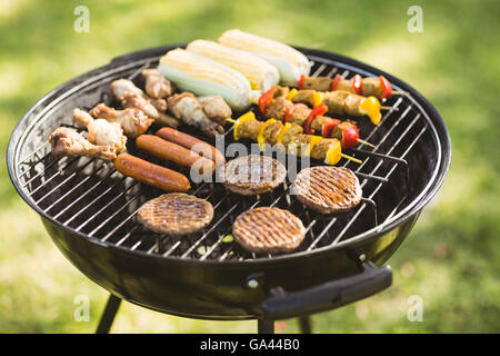 Spieße auf Barbecue-Grill im Garten Stockfoto