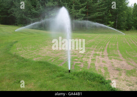 Sprinkler der automatischen Bewässerung auf Golfplatz hautnah Stockfoto
