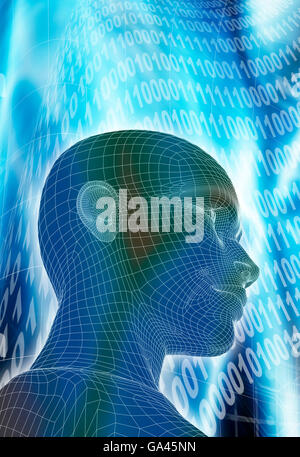 Weibliche humanoide im Drahtmodell gegen eine abstrakte futuristischen Hintergrund, künstliche Intelligenz und technologische Singularität Konzept Stockfoto