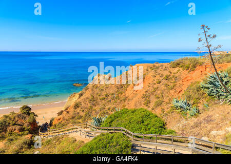 Holzsteg zum Strand Praia da Rocha, Region Algarve, Portugal Stockfoto