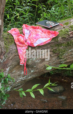 Einem nassen rosa und orange Bikini aus den 1960er Jahren an einem Baum nach dem Baden in einem Fluss zu trocknen. Stockfoto