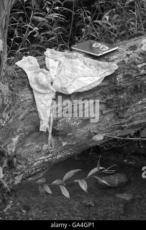 Einem nassen rosa und orange Bikini aus den 1960er Jahren an einem Baum nach dem Baden in einem Fluss zu trocknen. Stockfoto