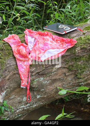 Einem nassen rosa und orange Bikini aus den 1960er Jahren an einem Baum nach dem Baden in einem Fluss zu trocknen. Stockfoto