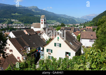 Sargans-Blick von der Burg auf die Altstadt der Schweiz St. Gallen Sarganserland Stockfoto