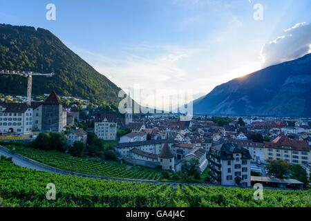 Chur mit Blick auf die Altstadt am Sonnenuntergang, Weinberge im Vordergrund der Schweiz Graubünden, Graubünden Stockfoto