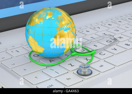 Stethoskop und Globe auf Laptop-Tastatur, 3D rendering Stockfoto