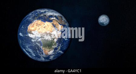 Extrem detaillierte 3D Bild von Erde und Mond aus dem Weltraum mit Schwerpunkt Afrika Stockfoto