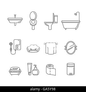 Bad-Ausrüstungen, die lineare Symbole, gesunde gesetzt, Hygiene, Sauberkeit, Produkt, Heimtextilien, Haushalt, Gegenstände Stock Vektor