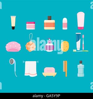 Badezimmer-Geräte-Set, gesund, Hygiene, Sauberkeit, Produkt, Heimtextilien, Haushalt, Gegenstände Stock Vektor