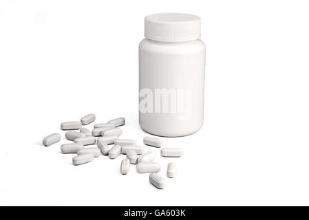 Weiße Kunststoff Medizinfläschchen mit Pillen auf weißem Hintergrund Stockfoto