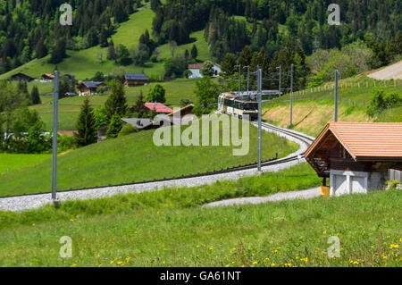 Zug der MOB Montreux-Oberland Bernois-Bahn auf der GoldenPass-Linie in der Nähe von Gstaad, Schweiz. Stockfoto