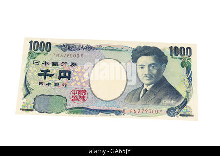 Japan 1000 Yen Banknoten auf weißem Hintergrund Stockfoto