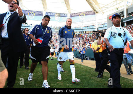 DAVID Beckham von LA Galaxy vor ihrem Freundschaftsspiel gegen Chelsea im Home Depot Center in Los Angeles, USA. Stockfoto