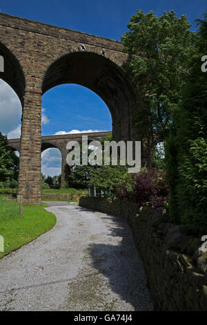 Kapelle Milton mit einem Bahn-Viadukt in Derbyshire Stockfoto