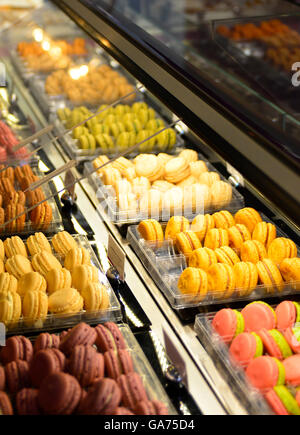 Französische Macarons in leuchtenden Farben locken die Naschkatze Shopper Gourmet-Stil in den Reihen der Anzeige in einem Kühler im Süßwarenladen Stockfoto