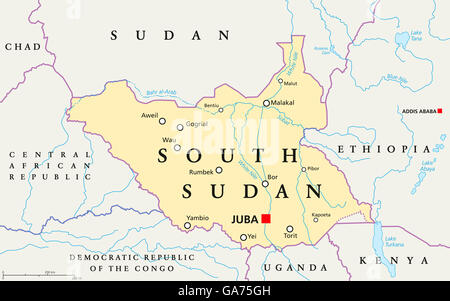 Süd-Sudan politische Karte mit Hauptstadt Juba, Landesgrenzen, wichtige Städte, Flüsse und Seen. Englische Beschriftung und Skalierung. Stockfoto