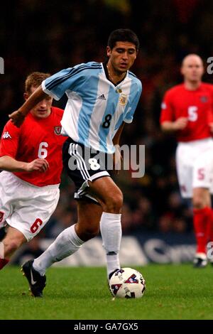 Argentiniens Juan Roman Riquelme (r) schützt den Ball vor Wales' Mark Pembridge Stockfoto