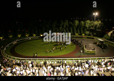 Allgemeiner Blick auf den Paradering während der irischen Nachtfeiern auf der Rennbahn Kempton Park. Stockfoto