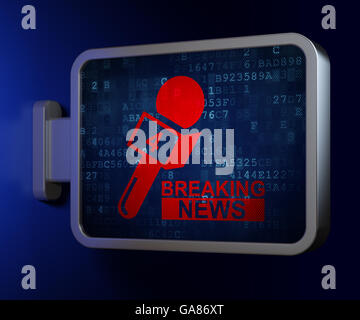 Aktuelles Konzept: Breaking News und Mikrofon auf Billboard-Hintergrund Stockfoto
