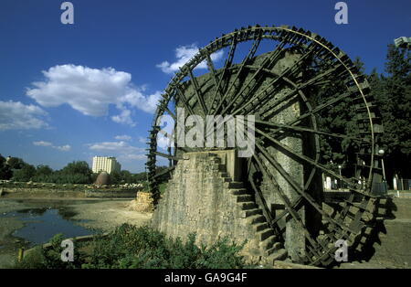 eine traditionelle Norias Holz Wasser Wheelsl in der Stadt Hama in Syrien im Nahen Osten Stockfoto