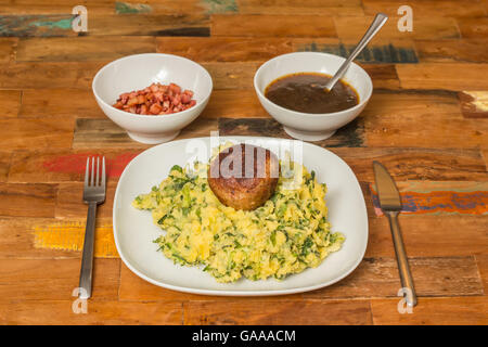 Traditionelle niederländische Gericht Stamppot mit Endivien, Kartoffelpüree, Frikadellen, Speck und Soße Stockfoto