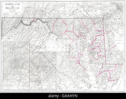 MARYLAND DELAWARE: State Karte. Grafschaften; Inset Baltimore; Washington DC, 1910 Stockfoto