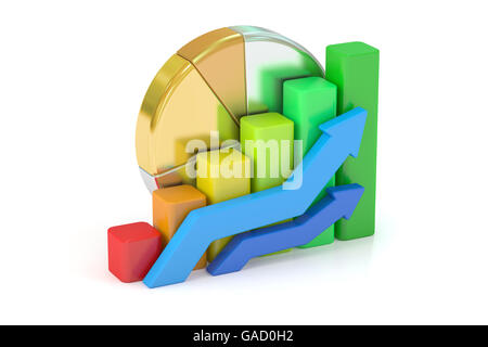 Business-Grafik, Diagramm, Kreisdiagramm, Bar. 3D-Rendering isoliert auf weißem Hintergrund Stockfoto