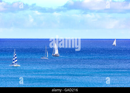 3 Segelboote unter Segeln in schönen, blauen und azurblauen Wasser mit einem 4. Boot mit Segel runter, verankert. Stockfoto
