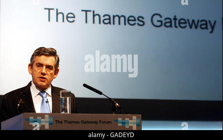 Der Premierminister Gordon Brown spricht heute Nachmittag im Thames Gateway Forum im Excel-Zentrum in Docklands, East London, vor einer Audienz. Stockfoto