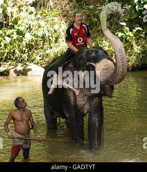 Englands Matthew Hoggard badet mit einem Elefanten bei einem Besuch im Dorf Pinawella in der Nähe von Kandy, Sri Lanka. Stockfoto