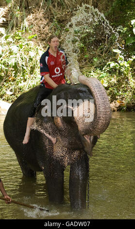 Cricket - England Besuchen Sie Das Dorf Pinawella - Kandy. Englands Matthew Hoggard baden mit einem Elefanten während eines Besuchs im Dorf Pinawella in der Nähe von Kandy, Sri Lanka. Stockfoto