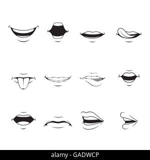 Mund-Set mit verschiedenen Ausdrücke, Monochrom, Orgel, Emoji, Gesichtsausdruck, menschliches Gesicht, Gefühl, Stimmung, Persönlichkeit, symbol Stock Vektor
